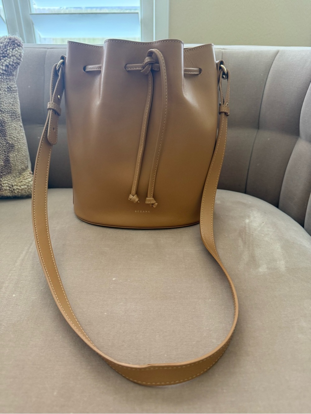 Sezane Tan Leather Bucket Bag with Drawstring